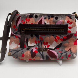 Fossil Floral Canvas Crossbody Bag Multicolor Leather Trim Zip Pocket Purse